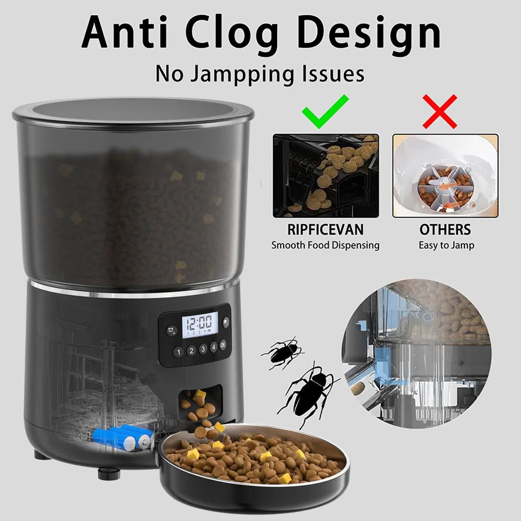 AutoFeast pet feeder anti-clog design