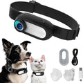 PawView pet collar camera worn by a dog and a cat, shown with charging cable, mounts and USB reader